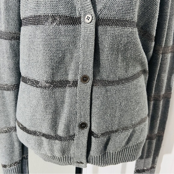 LOFT Sweater sheer silver metallic stripe V neck Size L NWOT - Picture 2 of 8